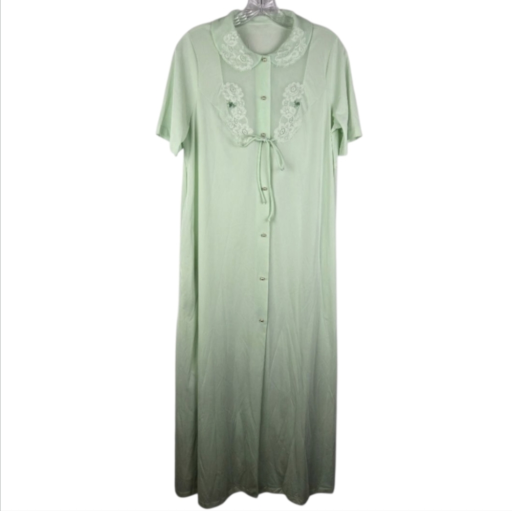 Shadowline Mint Green Lace Embroidery Button Down Peignoir Gown Robe Size Small
